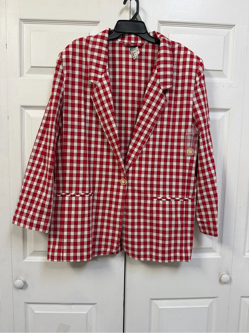Red & White Plaid Gingham Blazer 100% Cotton Jacket Women's Size XL NOS - Picture 15 of 15